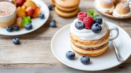 Delicious layered cake topped with fresh berries and whipped cream on a rustic wooden table setting
