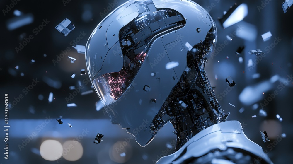 Poster Futuristic Robot Head with Transparent Elements Showcasing Intricate Mechanics and Lighting, Representing AI Evolution and Technology in Modern Design