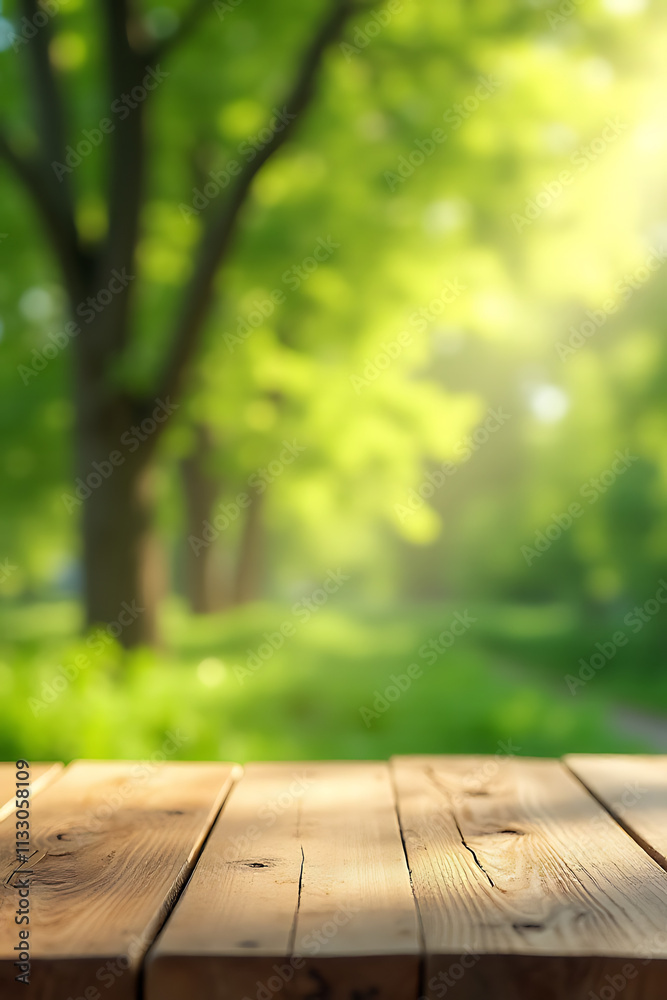Poster a minimalist wooden table top is devoid of clutter, showcasing a vibrant green abstract design amids