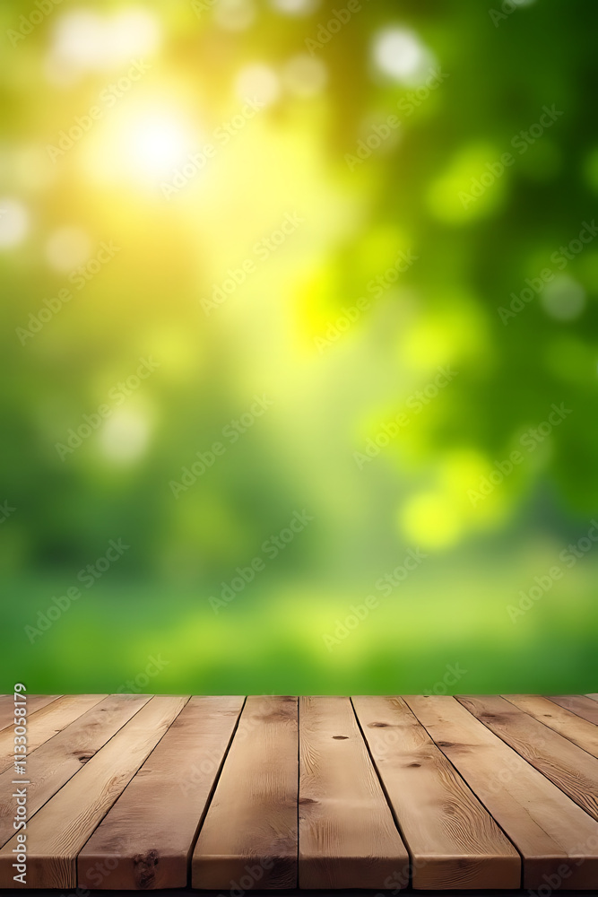 Poster a minimalist wooden table top is devoid of clutter, showcasing a vibrant green abstract design amids