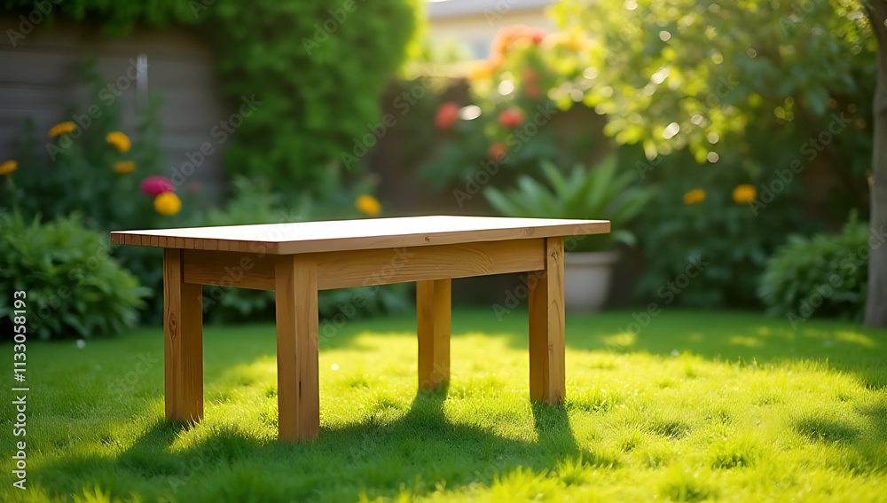 Poster A minimalist wooden table sits empty on a lush green lawn with a garden backdrop for a product display setup._00002_