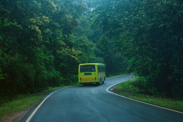Green ksrtc bus on the road in the forest. Travel concept.