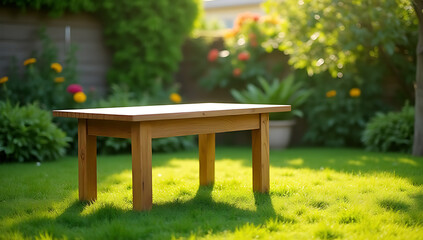 Fototapeta premium A minimalist wooden table sits empty on a lush green lawn with a garden backdrop for a product display setup._00002_