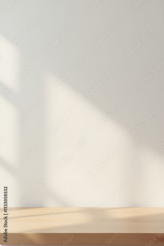 Poster A minimalist wood tabletop sits atop a plain white abstract background in a typical retail setting found at most department stores._00002_