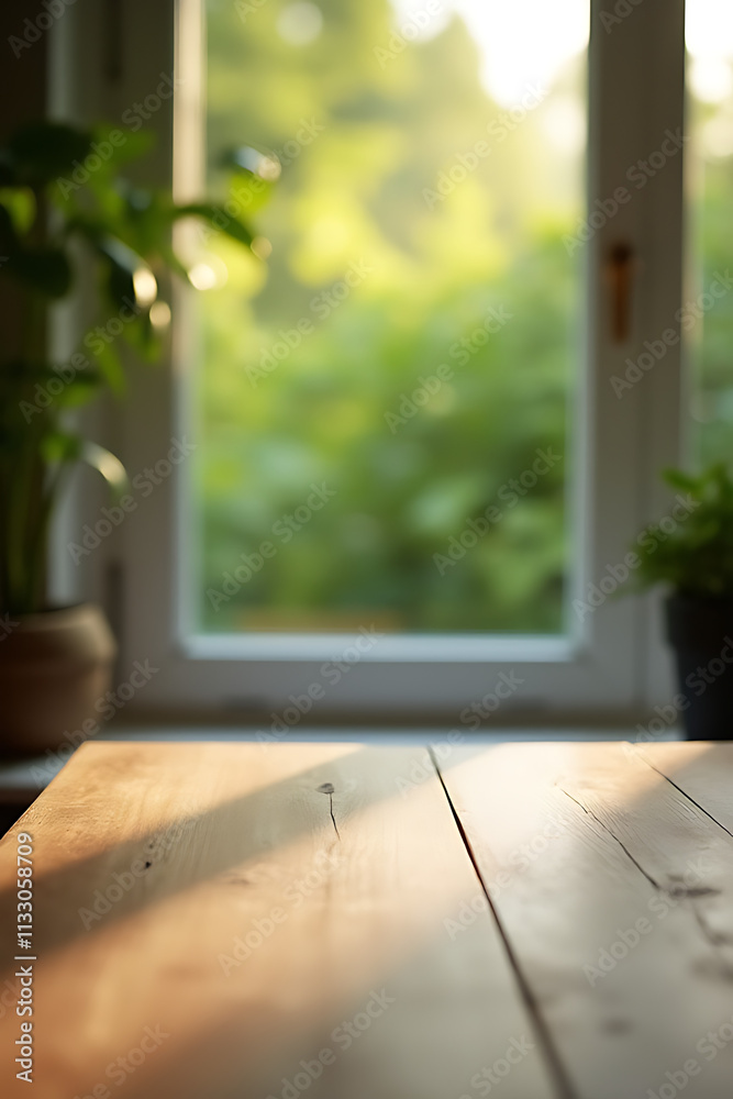 Poster A minimalist wood table is visible through a blurry green garden view from a window in the morning light._00002_