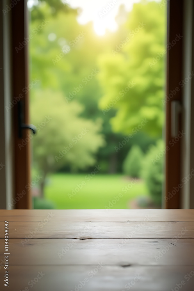 Poster A minimalist wood table is visible through a blurry green garden view from a window in the morning light._00001_