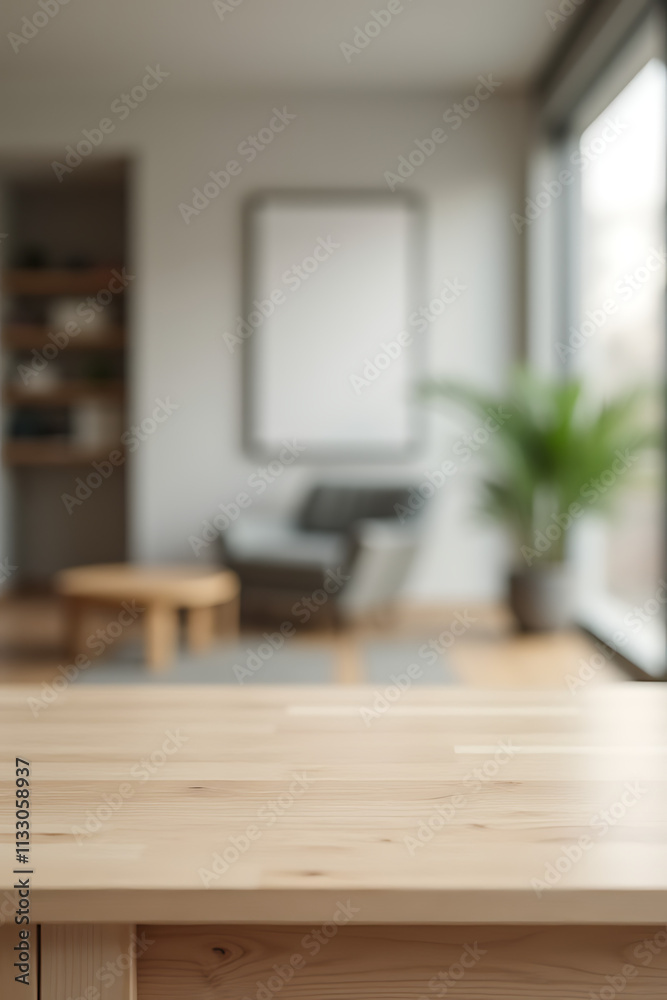 Poster A minimalist table with an empty wood surface sits in a blurred background of a modern, abstract room space._00002_