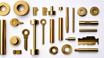 Collection of assorted brass mechanical parts arranged on a white surface for industrial design or crafting purposes