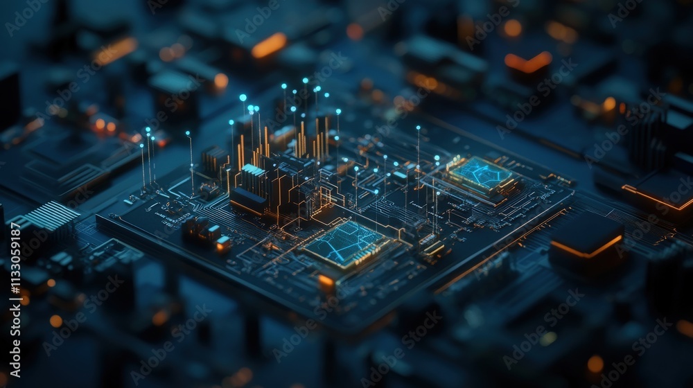 Poster Futuristic Circuit Board with Glowing Elements and Data Streams Illuminating a High-Tech Microprocessor in a Dark Environment
