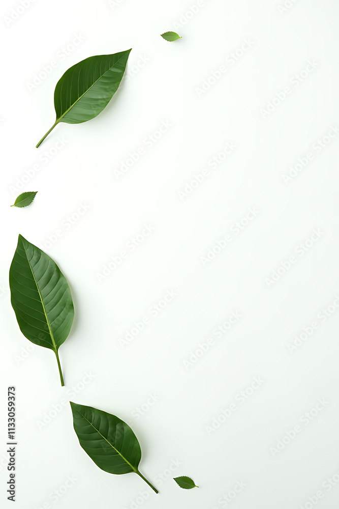 Poster a minimalist design featuring tropical leaves placed against a clean white backdrop to create a sens
