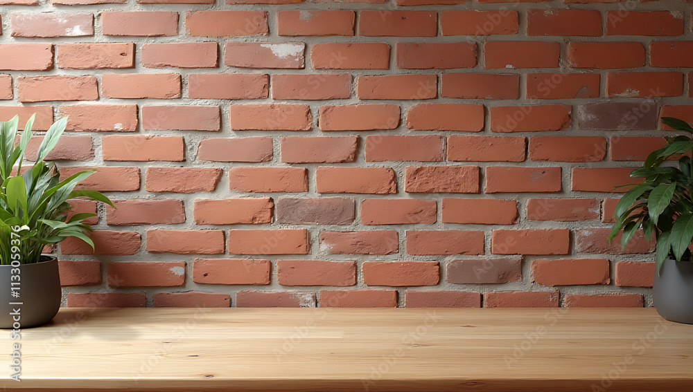 Aufkleber A minimalist setup of a brown brick wall and an empty wooden table top for creating product displays or key visuals._00001_