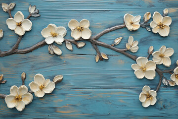 Blue wooden background with almond flowers