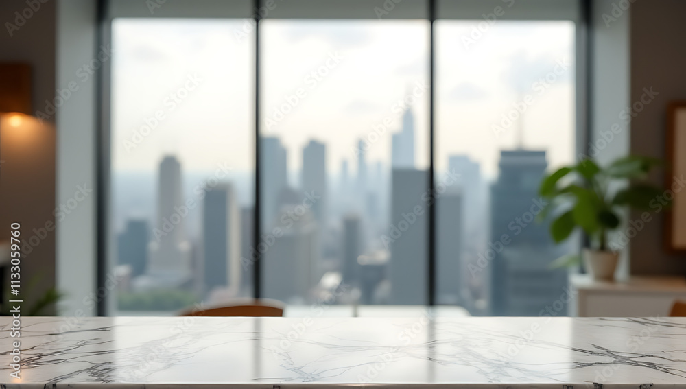 Poster A marble topped background with a blurred cityscape through a large window adds elegance to an upscale product display setting._00002_