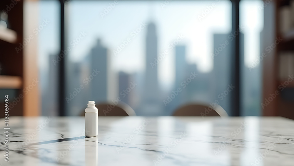 Poster A marble topped background with a blurred cityscape through a large window adds elegance to an upscale product display setting._00001_