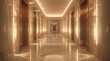 Obraz premium Luxurious hotel corridor with marble floor and gold elevator doors, illuminated by warm lighting.