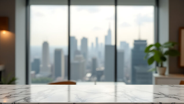 A marble topped background with a blurred cityscape through a large window adds elegance to an upscale product display setting._00002_