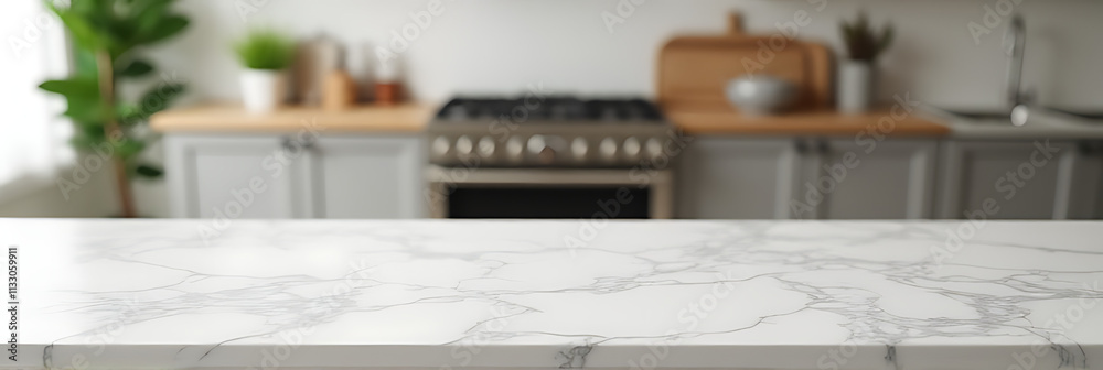 Poster A marble table top is in sharp focus while a blurred kitchen background provides a contrasting visual effect._00001_