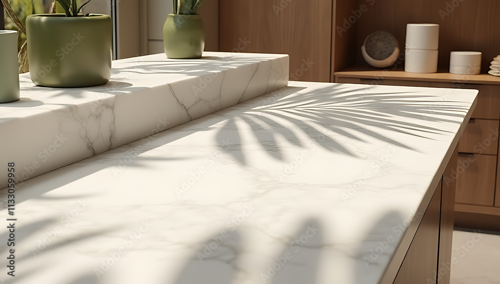 Aufkleber A marble countertop serves as a versatile product display platform incorporating a subtle palm leaf pattern and shadow effect on its surface._00002_