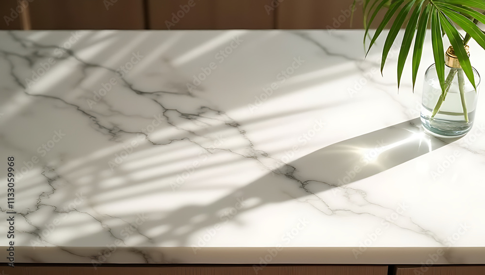 Poster A marble countertop serves as a versatile product display platform incorporating a subtle palm leaf pattern and shadow effect on its surface._00001_