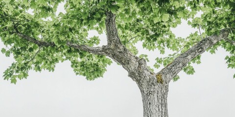 Fototapeta premium Serene Springtime: A Low Angle View of a Majestic Tree with Lush Green Foliage Against a Soft White Sky