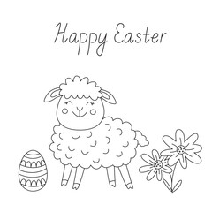 Naklejka premium Happy Easter greeting card with a cute smiling lamb, egg and flowers. Vector illustration and lettering in doodle hand drawn style, black outline. Great for coloring.