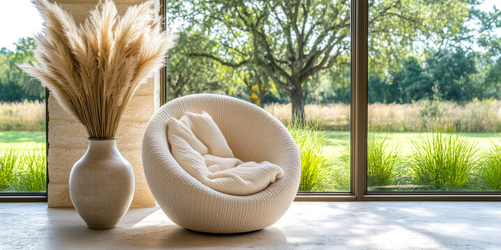 Soft boucle chair, decorative vase pampas grass, on a serene outdoor view with lush greenery. Concept of modern home decor, comfort natural aesthetics in contemporary living space. Banner, copy space