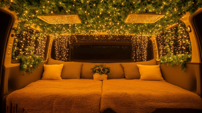 Cozy Camper Van Interior with Fairy Lights: An inviting and magical interior of a camper van, adorned with fairy lights and greenery, creating a cozy and romantic atmosphere.