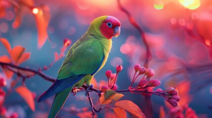 Fototapeta premium Colorful parrot perched on a flowering branch at sunset.