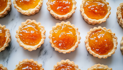 Freshly baked mini apricot jam tarts with golden crust and glossy filling, arranged on a marble background for a stylish presentation