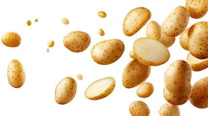 Obraz premium Potato Power: A dynamic and vibrant image of whole and sliced potatoes in mid-air, showcasing their natural beauty and versatility. This high-quality photo is perfect for culinary, agriculture.