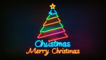 a colourful neon Christmas tree, the text "Merry Christmas" in a colourful glowing font, a beautiful Christmas background