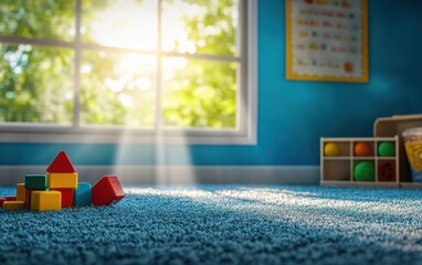 A high-resolution, photorealistic image of a kindergarten room with toys and blocks on the carpet,...