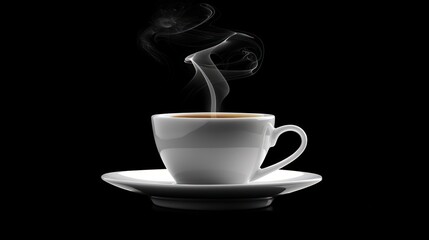 Obraz premium Steaming cup of coffee on saucer, black background. (1)