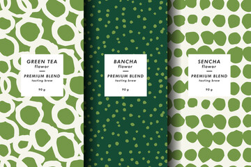 Vector illustration set of templates contemporary abstract cover and patterns for matcha tea packaging with labels. Minimal modern backgrounds