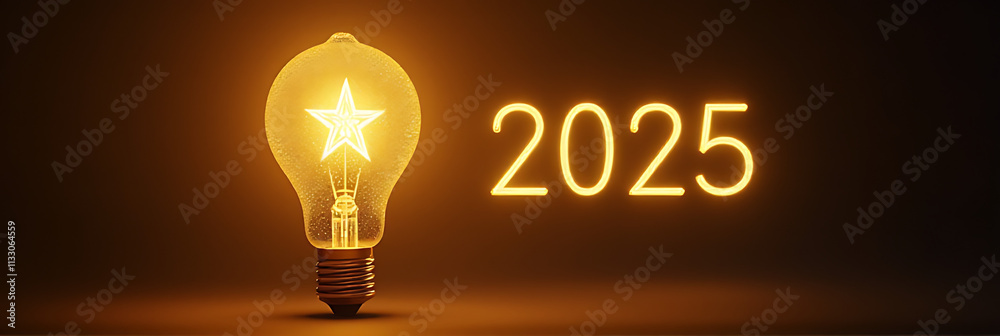 Poster A gold light bulb and a 2025 text number illuminate a bright star with celebration and a countdown underway everywhere suddenly._00002_