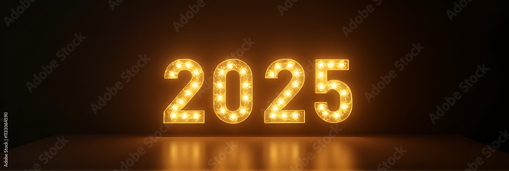 Poster a gold light bulb and a 2025 text number illuminate a bright star with celebration and a countdown u