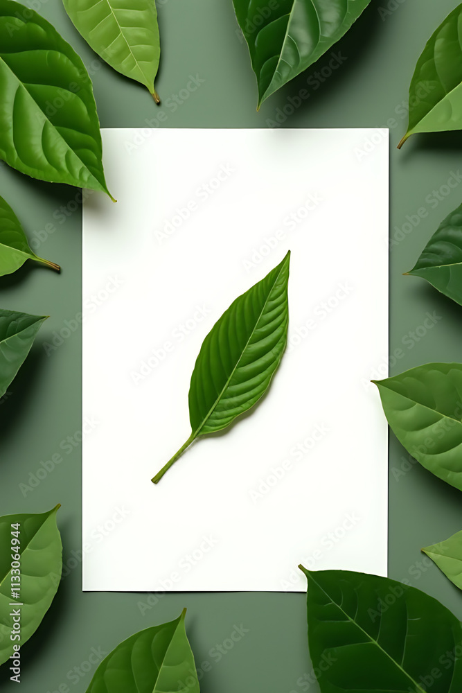 Aufkleber a flat lay features a top view of a single leaf on white paper against a background of green leaves 