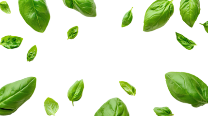 Basil Leaves Dance: Fresh, vibrant basil leaves float and twirl, creating a lively and appetizing frame. Perfect for culinary or healthy lifestyle themes. 