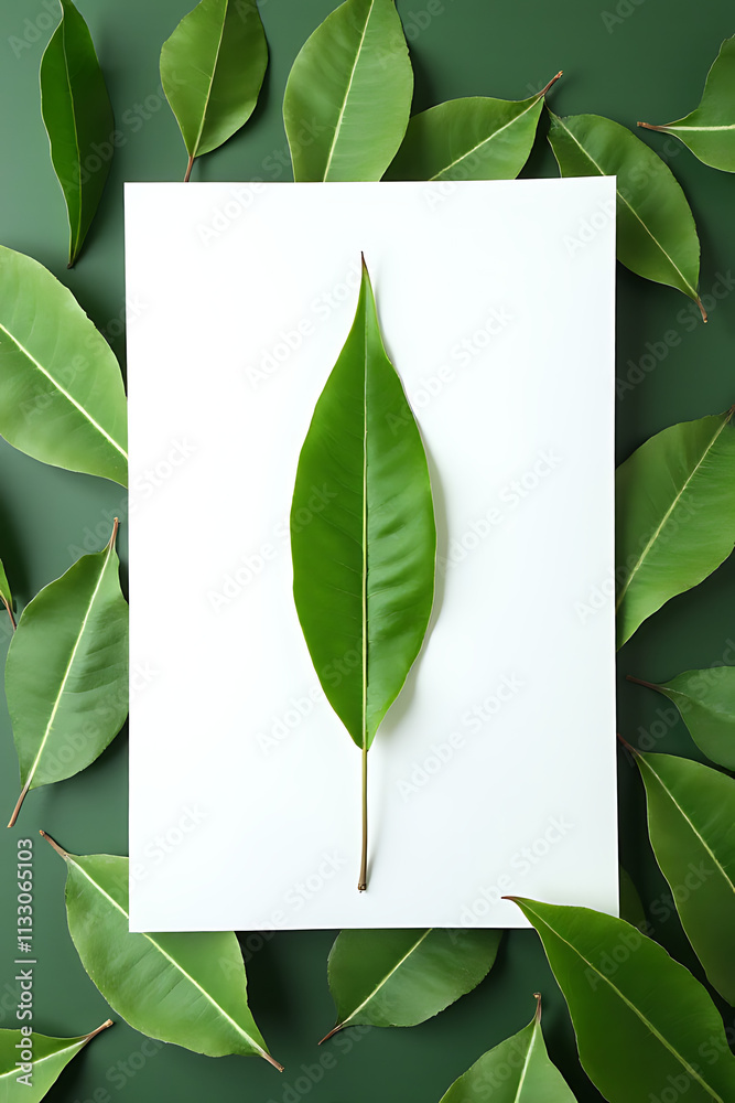 Aufkleber a flat lay features a top view of a single leaf on white paper against a background of green leaves 