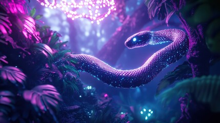 Glowing Snake in Neon Jungle Atmosphere with Bioluminescent Plants