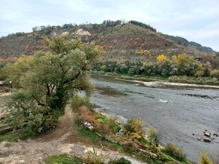 Panorama of the Smotrych River in autumn. Ukraine