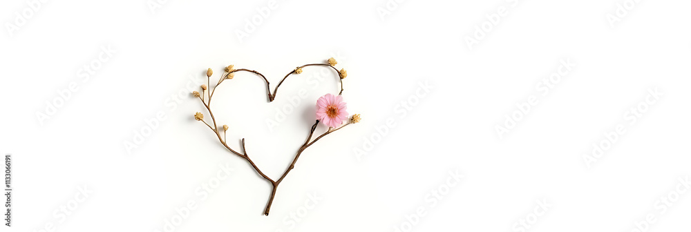 Aufkleber A delicate heart design features a dried branch with a single flower and some scribbled notes on a plain white background._00001_