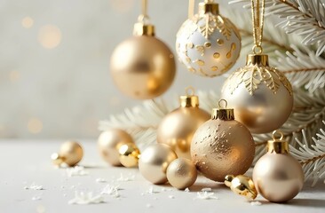 Holiday ornaments with gold and white Christmas balls on a light background for holiday cheer