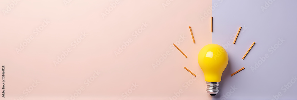 Poster a creative concept featuring a lightbulb and ideas on a soft pastel colored background in a flat lay