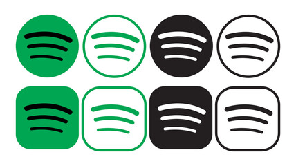 Spotify vector cions. Spotify Social media logo. Set of eight spotify icons in different vaersions. Vector editorial illustration