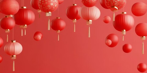 Obraz premium Red Lanterns of Celebration: A festive cascade of vibrant red and gold lanterns, suspended against a backdrop of rich crimson. They symbolize good fortune, prosperity, and the joy of the new year.