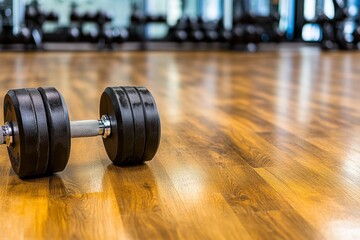 A free weights section in a gym, with heavy dumbbells and benches aligned perfectly on a polished floor