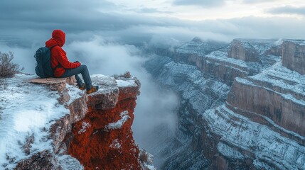 Obraz premium Person in red jacket sits on snowy canyon rim, overlooking misty valley.
