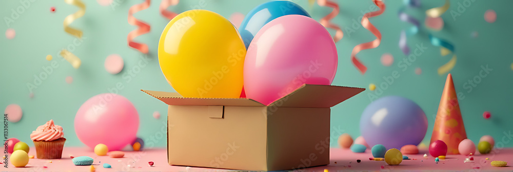 Poster a colorful balloon is placed inside a paper box on a vibrant background surrounded by party decorati