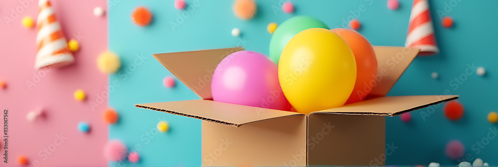 Poster a colorful balloon is placed inside a paper box on a vibrant background surrounded by party decorati